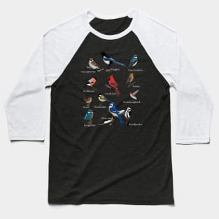 Garden Birds Cardinal Blue Jay Hummingbird Robin Wren Finch Baseball T-Shirt